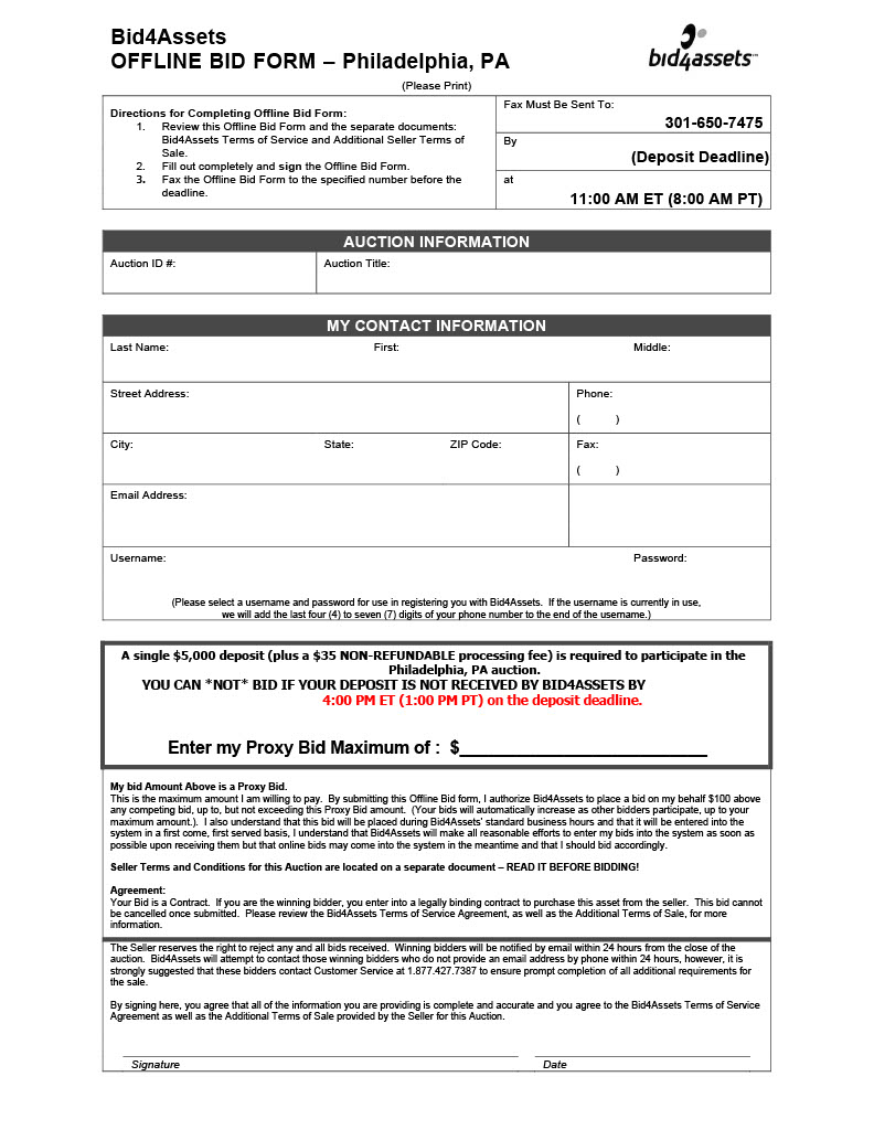 Offline Bid Form Philadelphia PA MORTGAGE FORECLOSURE 5035 Deposit10241024 1